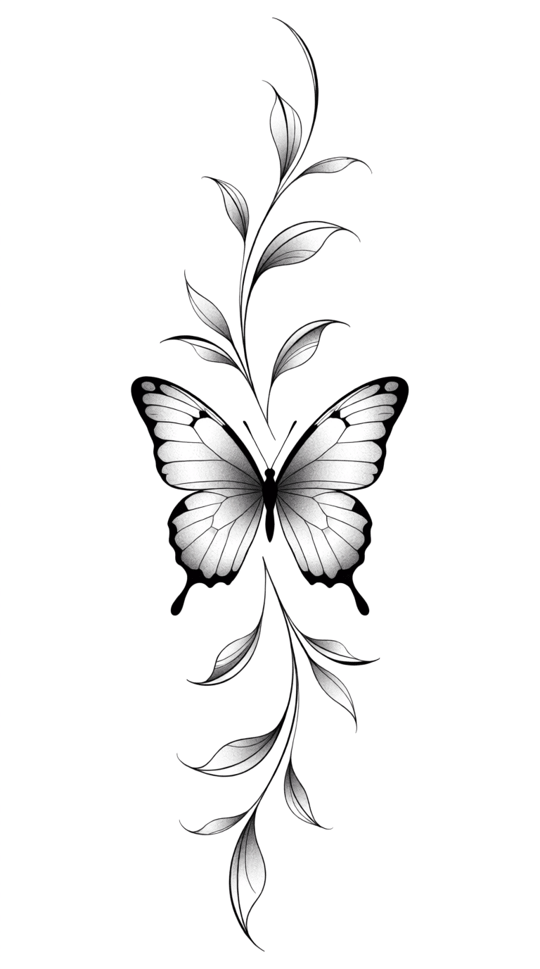Butterfly & Botanical Vine Tattoo