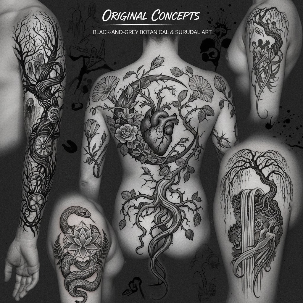 A black-and-white collage displays several intricate tattoo designs on different parts of human bodies, featuring a large anatomical heart surrounded by a crescent moon and flowering vines on a back.